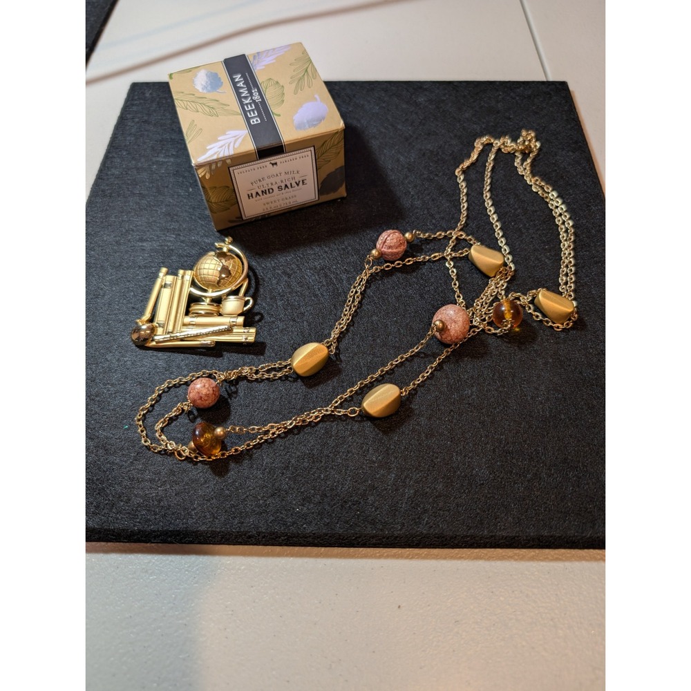 Teacher Gift Bundle Beekman 1802 Hand Salve VTG School Brooch & Beaded Necklace